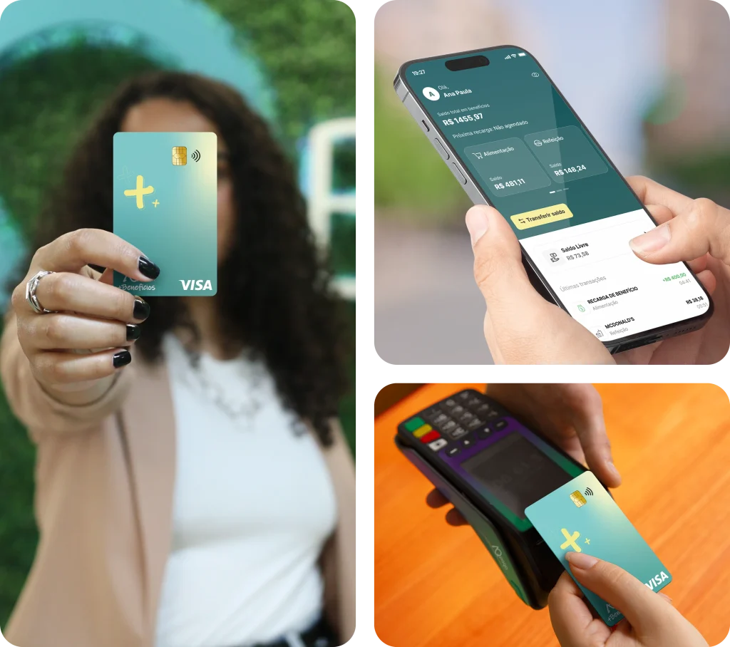 Mulher segurando um cartÃ£o de multibeneficios da Emirates Baas Bank