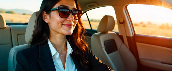 Mulher dirigindo carro usando a tag de pedÃ¡gios e estacionamentos gratuita AQPasso